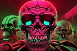 a field of 1000s of cartoonish, anatomically correct, skulls, vivid RANDOM BRIGHT neon colors, dark comedy, well lit, high detail, photorealistic, horrorcore, fun, scary, none featured, each a different color or hue,