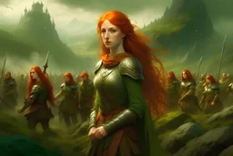 Painting of serious Redhead young woman fantasy queen with her army in a hill