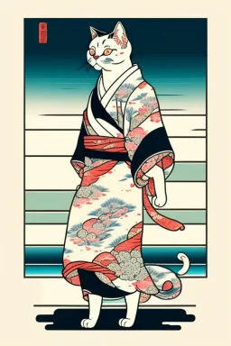 ukiyo-e style print of a cat with a human body wearing a soft yukata and walking by the sea