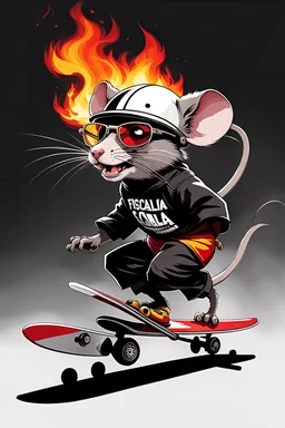 A rat on a skateboard, with glasses and a helmet; the rat laughs; fire coming from behind; cartoon style White ando black colors, with the text "FISCALIA COLOMBIA"