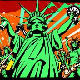 The Statue of Liberty performing in a rock band