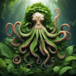 nature god, majestic octopus, made of leaves and plants, greenery, nature