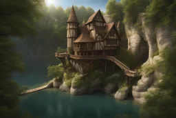 small wooden medieval gothic twisted house built into a cliff, trees, balconies, walkways, bridge, sunshine, lake