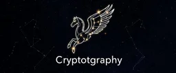 A star constellation in the form of a Pegasus in front of a deep space. Glowing lines connecting the stars that form the constellation. Digital Art. Digital Drawing. Logo. Icon. The word Cryptography is under the Pegasus