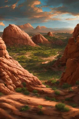 beautiful utah desert, rock arcs, lush vegetation, landscape, alex ross, eddie mendoza, raphael lacoste, sebastian ludke, concept art, matte painting, highly detailed, rule of thirds, dynamic lighting, cinematic, detailed, magnificiant landscape, denoised, centered