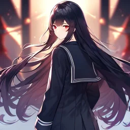 Clear focus,High resolution, Black long hair, Red eyes,Wearing a black sailor uniform,Looking away from the viewer, Back view, Ready for a epic battle between gods