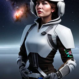 portrait of female soldier with great figure holding helmet in arms, by a starship window with a view to the milky way