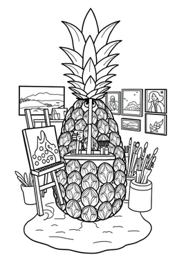 Pineapple Cozy Art Studio Coloring Page: A pineapple cross-section displaying an art studio. Features an easel, paint palettes, brushes, and artworks hung on the walls.