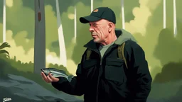 Bruce Willis catching a fish and eats it raw, cartoon style Simon Stålenhag