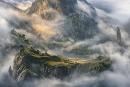 in the foreground, sheer cliffs reveal the ground far far below. reaching the top of those cliffs, a foggy valley reaches out, ended by another sheer cliff.