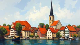 Oil painting, An old European town with a church steeple, red-roofed buildings, and a body of water in the foreground, creative, extremely detailed brush stroke