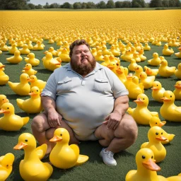 A fat, furry man is sitting in a field of yellow plastic ducks, eating an ice cream cone.