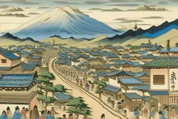 A tan Western town painted by Katsushika Hokusai
