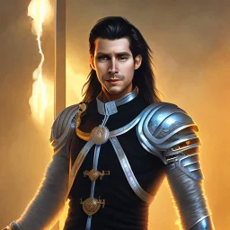 D&D character, male, long black hair in ponytail, dark tan skin, artificer, holding gun, light armor, chain armor, bust