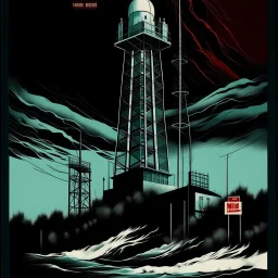 Profound modern movie poster, hyperreal quality, "CREEPING WAVES" double exposure gritty Horror movie poster about radio station tower WXXT 87.9 broadcasting blaspehies and abominations across a small town haunted by ghostly New England shakers, by "MATTHEW BARTLETT", Dramatic, creepy, deep colors, oddball masterpiece, sfumato, complex contrast, dynamic composition, grand design