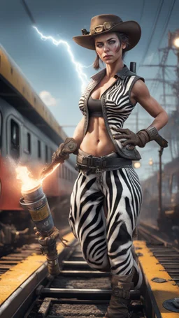 portrait of a zebra yoga instructor and flashy magazine cover illustration, fallout 4 docks setting, horror weird cowboy wizard cyberpunk weasel in female garments on top of train ,holding dynamite, getting hit by lightening electric arc, with big disturbed eyes,bokeh like f/0.8, tilt-shift lens 8k, high detail, smooth render, down-light, unreal engine, prize winning