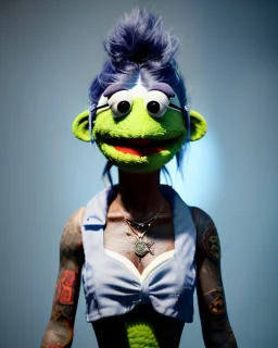 hybrid character, waitress sexy woman with monster muppet mask that covers her entire head, silver punk, short shirt, tray, yakuza tattoo, retro style, Sesame Street style, hot, smooth, unreal engine 5, god lights, ray tracing, RTX, lumen lighting, ultra detail, volumetric lighting, 3d.