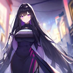 Clear focus,High resolution,High quality, Black long hair, Purple eyes, Wearing a techy outfit