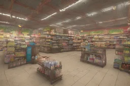 can you please generate an image of supermarket design in a refugee camp that sells imported goods like clothes, bottled water, cleaning products ect