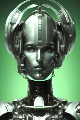 1970's sci robot portrait, studio light, on an emerald-colored background