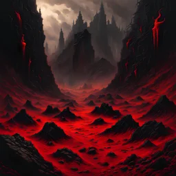 souls partially buried in the rocky ground crawling to get free, in the style of Beksinski, red and black, extremely detailed, dark, extreme horror