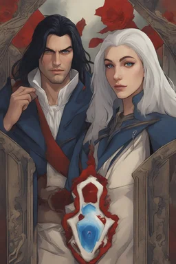 A couple, from the dnd game curse of Strahd. The woman has long white hair and blue eyes, the man has LONG BLACK hair and red eyes, no facial hair. He is standing protectively behind her.