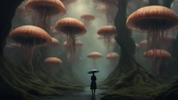 woman in an alien forest with an umbrella made from a jellyfish, photorealistic, Detailed Matte Painting, Deep Colour, Fantastical, Intricate Detail,