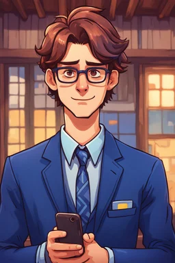 a man with short brown hair, glasses on his eyes, a business blue suit, holding a phone in his hands and talking to someone. stardew valley style