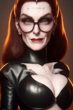 Carmen Dell`orifice as evil queen in black leather, leather, busty, cleavage, angry, stern look. character design by cory loftis, fenghua zhong, ryohei hase, ismail inceoglu and ruan jia. unreal engine 5, artistic lighting, highly detailed, photorealistic, fantasy