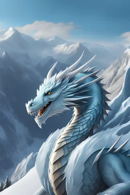 an illustration of an ice dragon, close up shot, snowy mountains in the background, 4k, trending on artstation