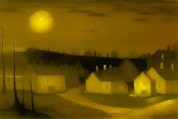A small yellow village with lightbulbs painted by Albert Pinkham Ryder