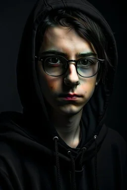 Foto Halbtotale: androgyner schmächtiger Teenager mit schwarzer Hornbrille und wirr abstehendem schwarzen Kurzhaar, buschige Augenbrauen, bohrender Blick aus dunklen Augen, schwarzes Hoodie