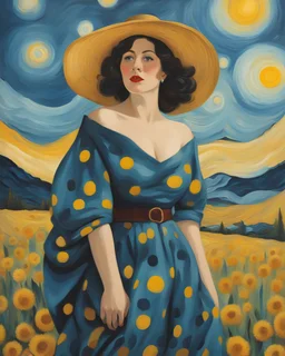 Beautiful woman in polka dot dress, big dots, in the style of Vincent Van Gogh