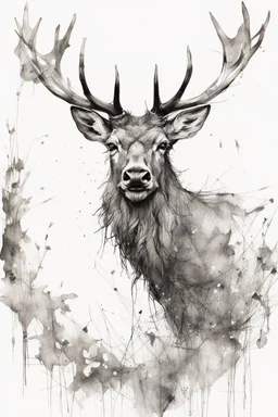 black and white sketch of a stag, ink drawing, woodland, white background, drawing by Carne Griffiths