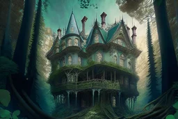 fantasy victorian house surrounded by forest, perspective from below