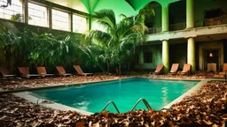 Empty swimming pool in an abandoned hotel, dry leaves piled up at the bottom, rusty sun loungers, neoclassical columns covered in moss, wild palm trees growing between the broken tiles, sky visible through the cracked glass roof, green and gold tones, dramatic lighting