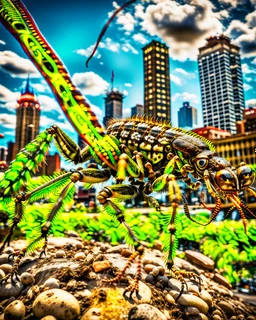 a national geographic style photograph of a eagle mantis lizard hybrid attacking detroit