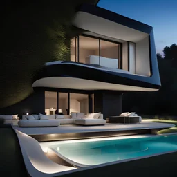 Fachada frontal de una casa campestre moderna, estilo Zaha Hadid,bminimalista,calidad ultra, 12k