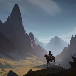  mountains with medieval knight in armour traveling on a horse in the background