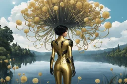 A skinny woman with black hair, in a gold and black android suit, standing, looking out over a lake, with flying dandelion heads with octopus tentacles, with tall narrow cloud trees in the distance