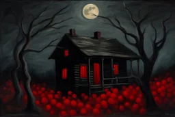 Creepy trees, creepy night, moon, cabin, red flowers, horror, philip wilson steer impresionism painting