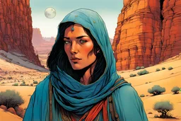 create an portrait of a nomadic shepherdess with highly detailed, delicate feminine facial features, inhabiting an ethereal desert canyon land in the comic book style of Jean Giraud Moebius, David Hoskins, and Enki Bilal, precisely drawn, boldly inked, with vibrant colors