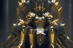 armadura dorada y negras super futurista, sentada en un trono negro con cañones