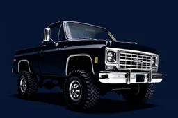 front corner 1973 GMC square body truck(lifted) facing to viewer's left, navy blue background, high contrast black and white vector
