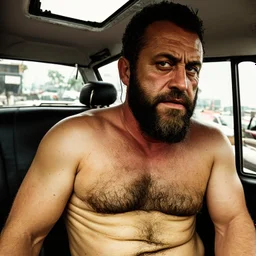 full body shot photography of an Italian sicilian taxi driver burly ugly sitting in the taxi, chubby tired 45 years old driving shirtless, bullneck, thin gold chains, short beard, sweat, short hair, bulge, robust, manly chest, looking down, big shoulders,, photorealistic, side light, ambient occlusion, tired eyes. 35mm lens, internal view inside the Taxi