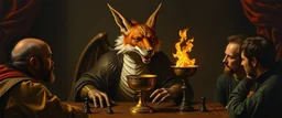 portrait painted by Rembrandt, stupid looking fire breathing dragon fox at banquet, big chalice, all pieces on a board game