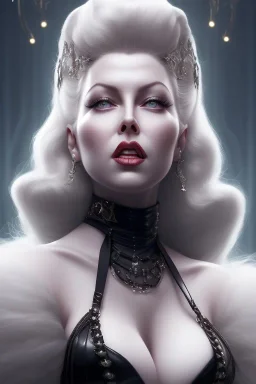 Lana Turner as evil queen in black leather, leather, busty, cleavage, angry, stern look. character design by cory loftis, fenghua zhong, ryohei hase, ismail inceoglu and ruan jia. unreal engine 5, artistic lighting, highly detailed, photorealistic, fantasy