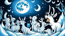 fantasy cartoon illustration: The Arctic animals are bustling with excitement beneath a full moon as they prepare for Christmas.