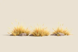Isolated concept art of stylized alien dry grass on a plain neutral background. Simple low-poly design with minimal details, suitable for 3D modeling. The grass should look slightly alien — with unusual blade shapes, subtle color variations, and dry, brittle texture. Colors range from dusty yellow, ochre, muted green, and pale orange, blending naturally with desert or rocky terrain. No background, no shadows, clear separation of each grass clump, consistent lighting. Digital painting style