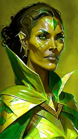 A tall woman with tanned skin. Her face, marked by the years, always has a smirk on it, showing her superiority in the eyes of the others. She is dressed in leather armor and wears a yellow and green cape. A scar runs from her right ear to her neck.